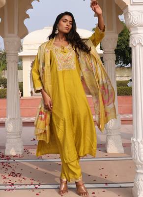 golden yellow cotton silk thread & sequin embroidered salwar suit with floral dupatta 1