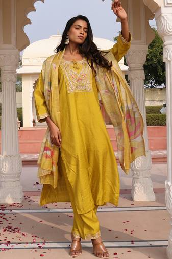 golden yellow cotton silk thread & sequin embroidered salwar suit with floral dupatta