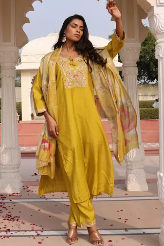 golden yellow cotton silk thread & sequin embroidered salwar suit with floral dupatta