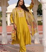 golden yellow cotton silk thread & sequin embroidered salwar suit with floral dupatta