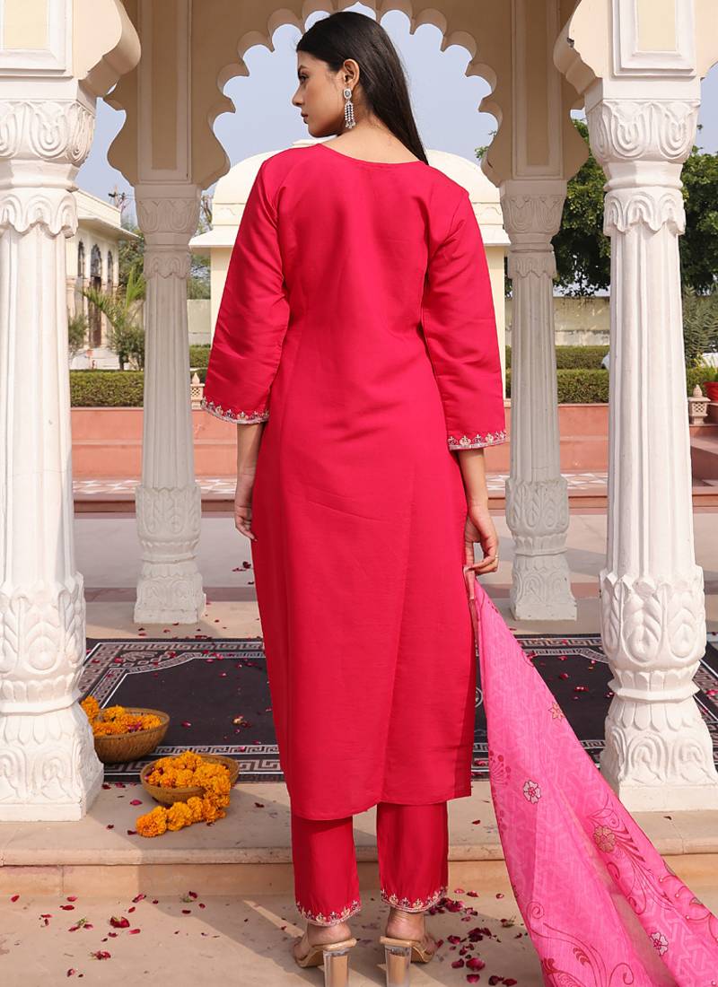 soft pink cotton silk thread & sequin embroidered salwar suit with printed dupatta