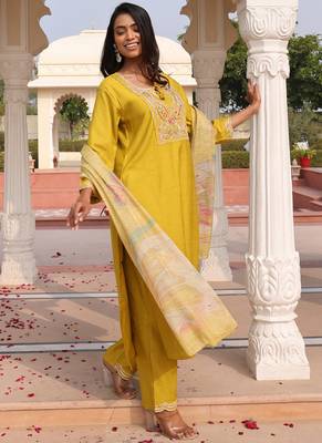 golden yellow cotton silk thread & sequin embroidered salwar suit with floral dupatta 2
