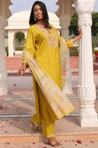 golden yellow cotton silk thread & sequin embroidered salwar suit with floral dupatta