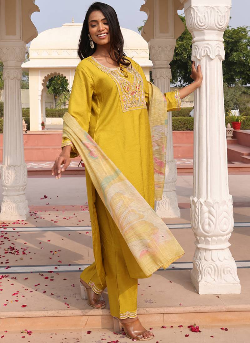 golden yellow cotton silk thread & sequin embroidered salwar suit with floral dupatta