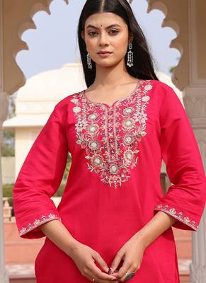 soft pink cotton silk thread & sequin embroidered salwar suit with printed dupatta 4