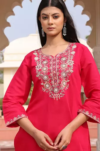 soft pink cotton silk thread & sequin embroidered salwar suit with printed dupatta
