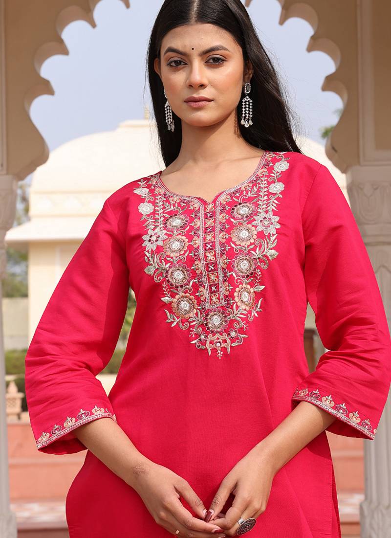 soft pink cotton silk thread & sequin embroidered salwar suit with printed dupatta