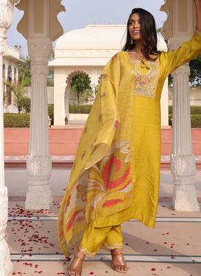 golden yellow cotton silk thread & sequin embroidered salwar suit with floral dupatta 3