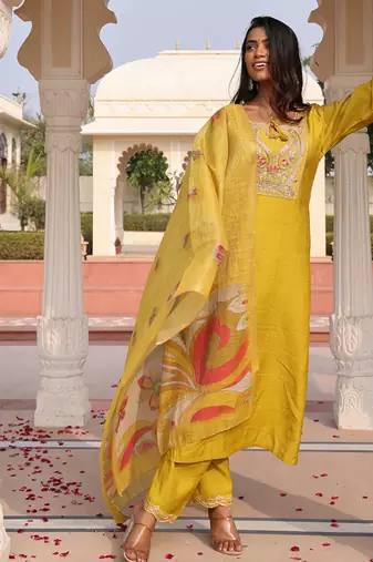 golden yellow cotton silk thread & sequin embroidered salwar suit with floral dupatta