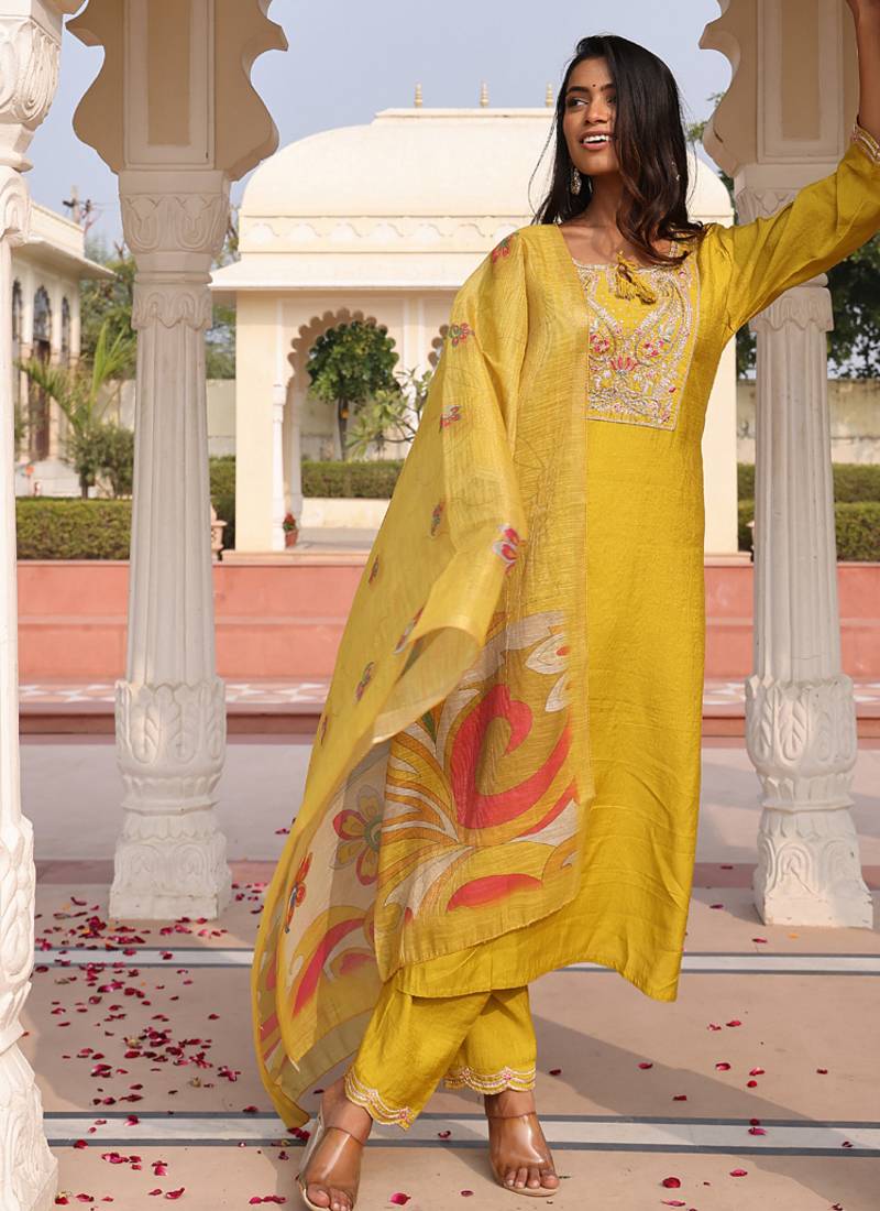 golden yellow cotton silk thread & sequin embroidered salwar suit with floral dupatta