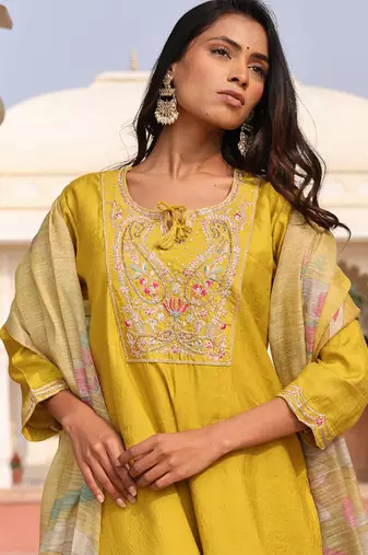 golden yellow cotton silk thread & sequin embroidered salwar suit with floral dupatta