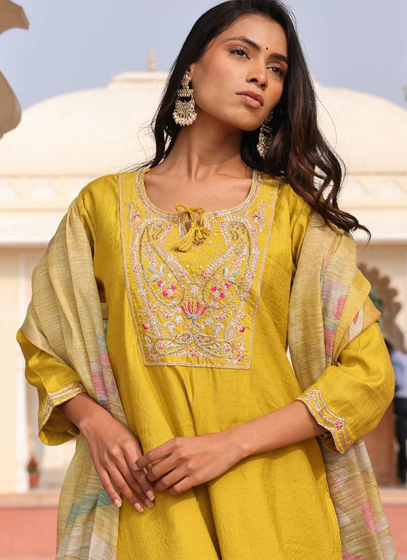 golden yellow cotton silk thread & sequin embroidered salwar suit with floral dupatta