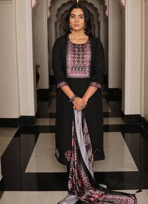 black viscose simmer thread embroidered salwar suit with printed dupatta 1