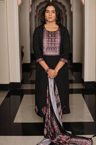 black viscose simmer thread embroidered salwar suit with printed dupatta
