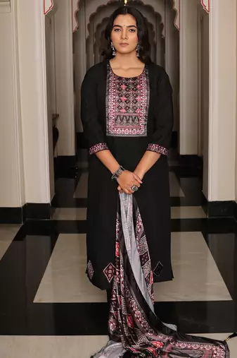 black viscose simmer thread embroidered salwar suit with printed dupatta