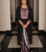 black viscose simmer thread embroidered salwar suit with printed dupatta