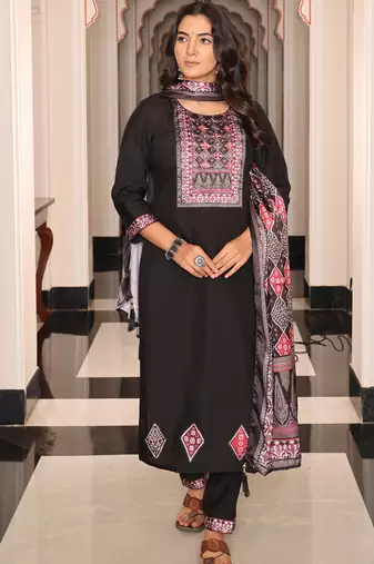 black viscose simmer thread embroidered salwar suit with printed dupatta