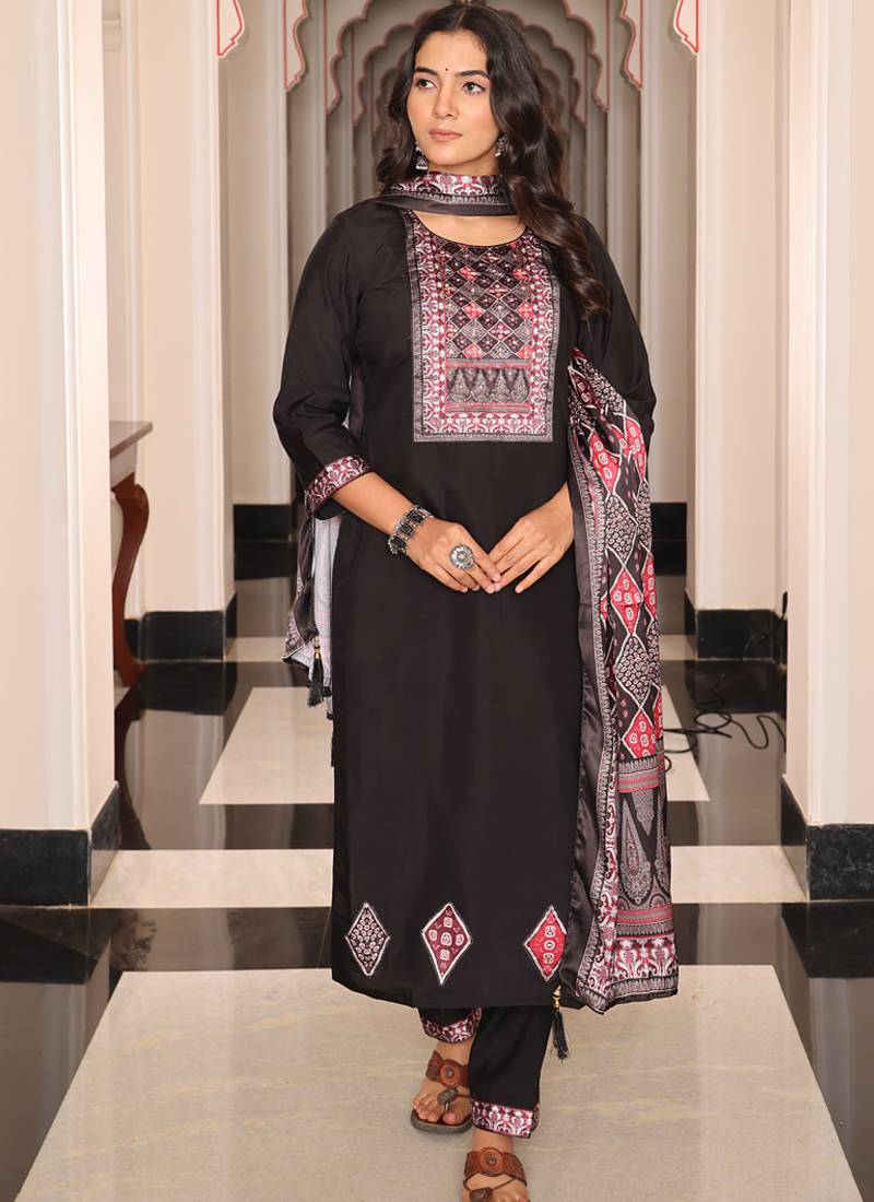 black viscose simmer thread embroidered salwar suit with printed dupatta