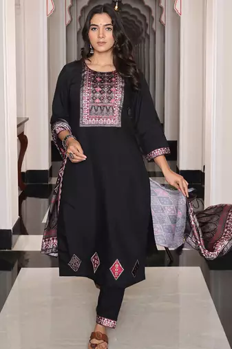 black viscose simmer thread embroidered salwar suit with printed dupatta