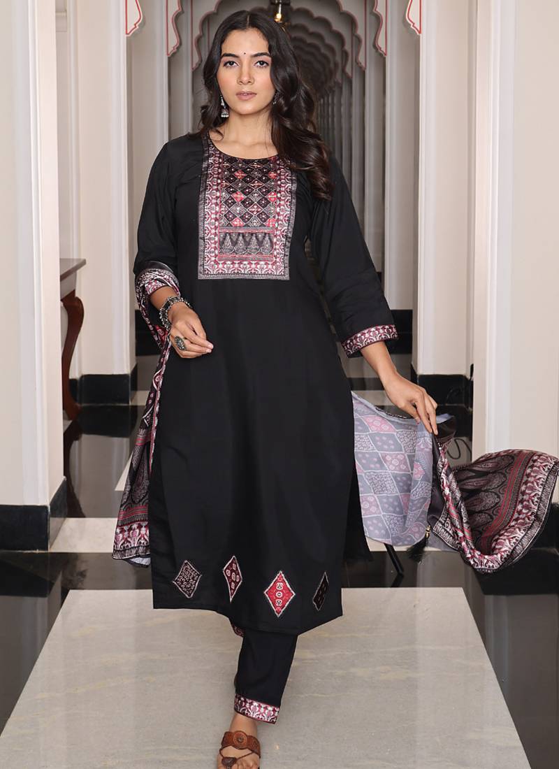 black viscose simmer thread embroidered salwar suit with printed dupatta