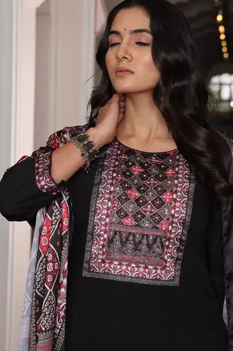 black viscose simmer thread embroidered salwar suit with printed dupatta