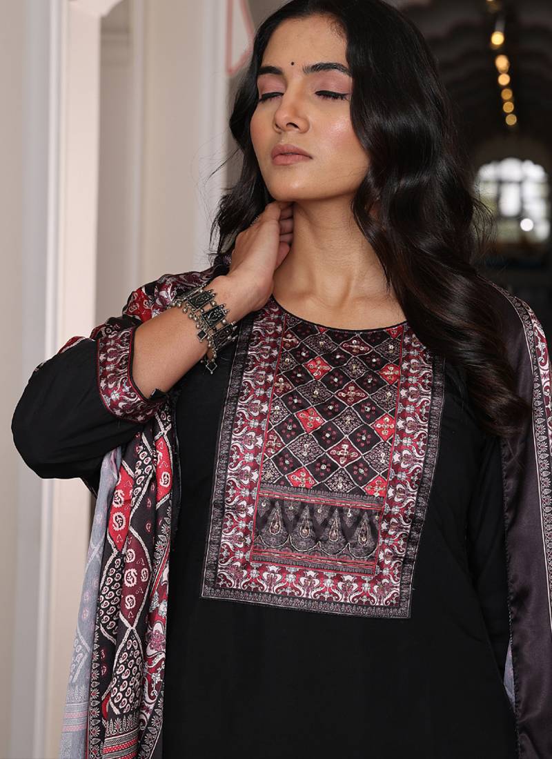 black viscose simmer thread embroidered salwar suit with printed dupatta