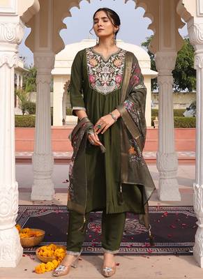 mehndi green cotton silk thread & sequin salwar suit with printed dupatta 1