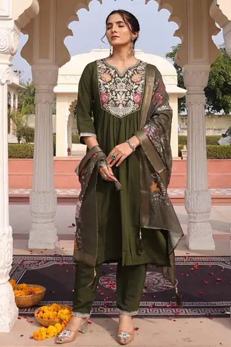 mehndi green cotton silk thread & sequin designer salwar suit with printed dupatta
