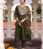 mehndi green cotton silk thread & sequin designer salwar suit with printed dupatta