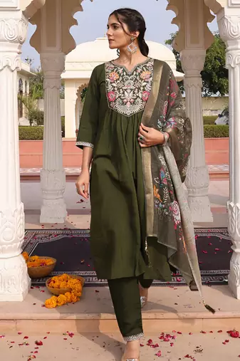 mehndi green cotton silk thread & sequin salwar suit with printed dupatta