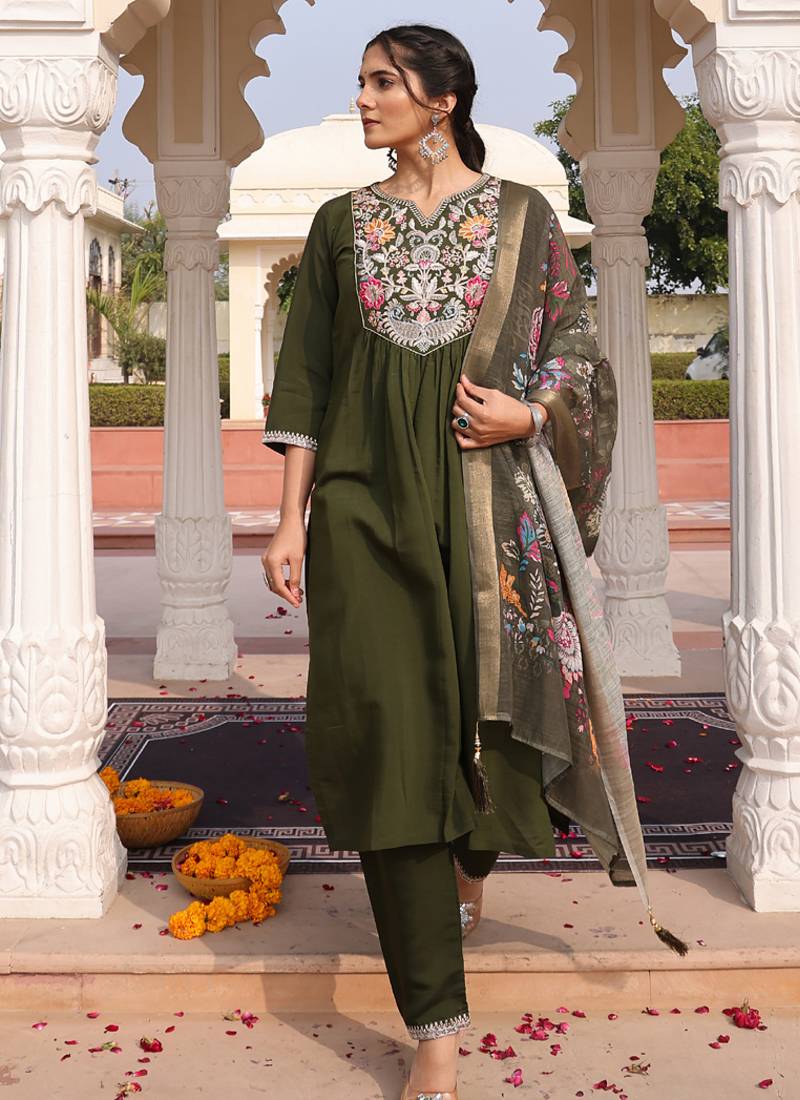 mehndi green cotton silk thread & sequin designer salwar suit with printed dupatta