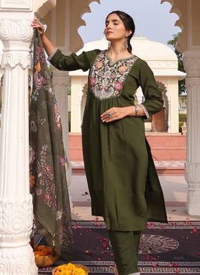 mehndi green cotton silk thread & sequin salwar suit with printed dupatta 3