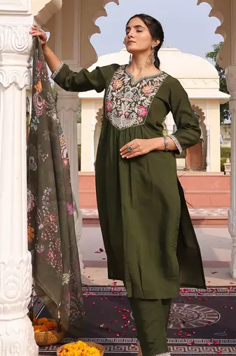 mehndi green cotton silk thread & sequin salwar suit with printed dupatta