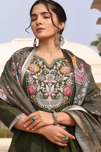 mehndi green cotton silk thread & sequin salwar suit with printed dupatta