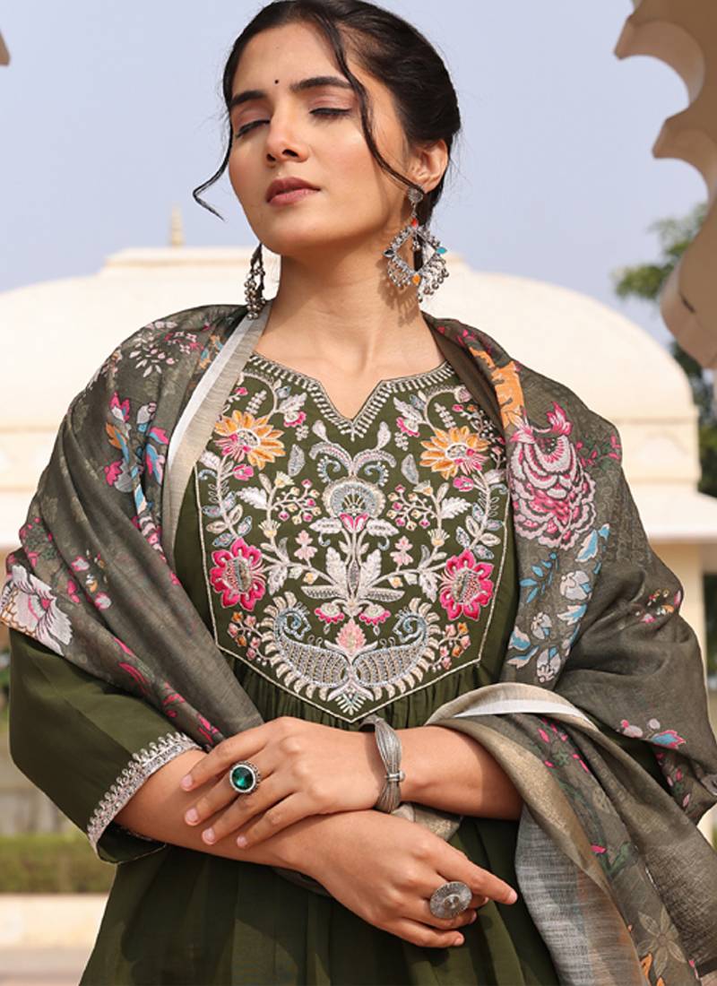 mehndi green cotton silk thread & sequin designer salwar suit with printed dupatta