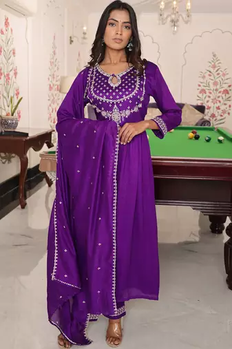 purple soft silk thread & sequin salwar suit with embroidered dupatta