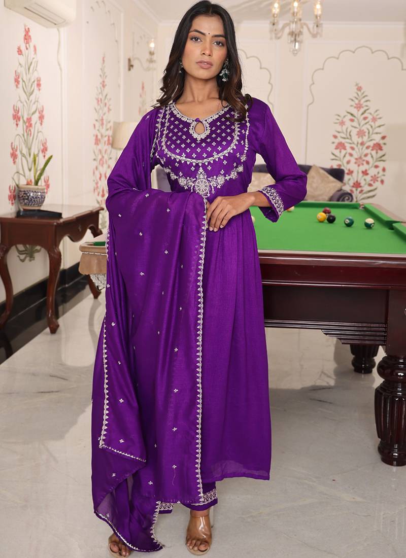 purple soft silk thread & sequin designer salwar suit with embroidered dupatta