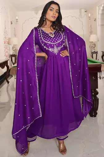 purple soft silk thread & sequin salwar suit with embroidered dupatta