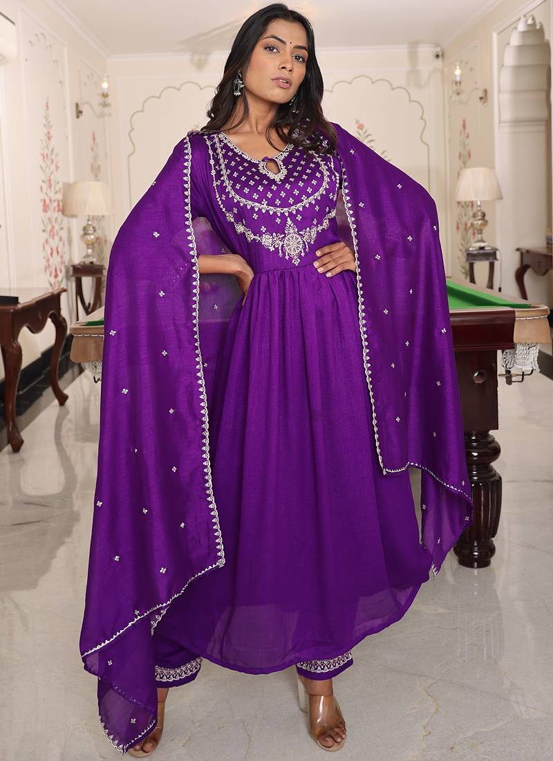 purple soft silk thread & sequin designer salwar suit with embroidered dupatta