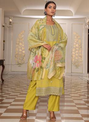 golden yellow cotton silk sequin embroidered salwar suit with decorative dupatta 1