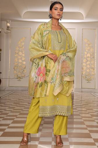 golden yellow cotton silk sequin embroidered salwar suit with decorative dupatta