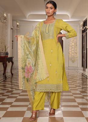 golden yellow cotton silk sequin embroidered salwar suit with decorative dupatta 2
