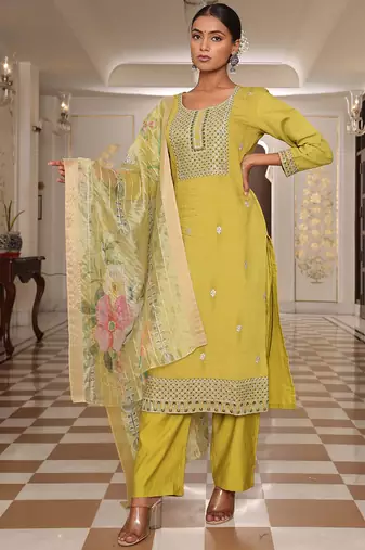 golden yellow cotton silk sequin embroidered salwar suit with decorative dupatta