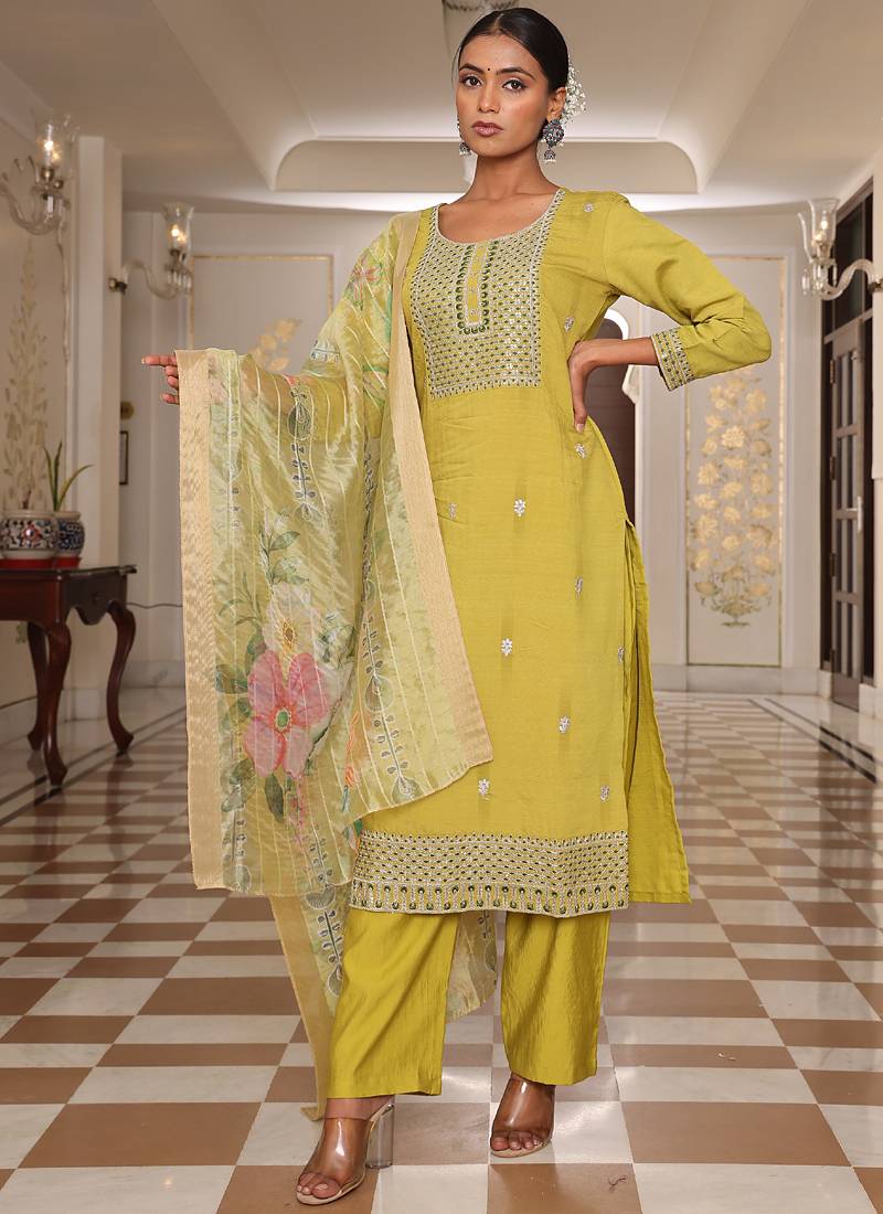 golden yellow cotton silk sequin embroidered salwar suit with decorative dupatta