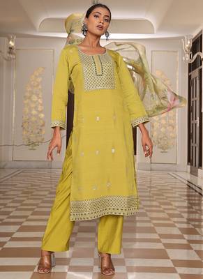 golden yellow cotton silk sequin embroidered salwar suit with decorative dupatta 3