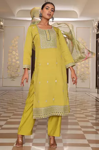 golden yellow cotton silk sequin embroidered salwar suit with decorative dupatta
