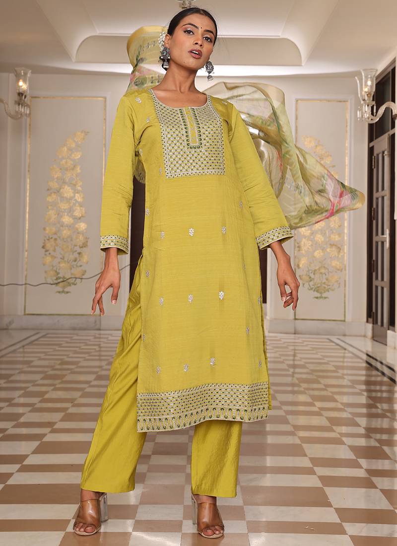 golden yellow cotton silk sequin embroidered salwar suit with decorative dupatta