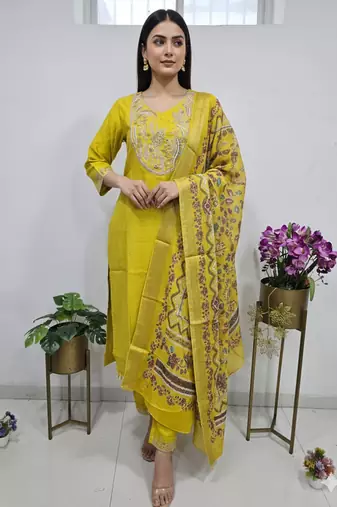 golden yellow cotton silk embroidered salwar suit with floral printed dupatta