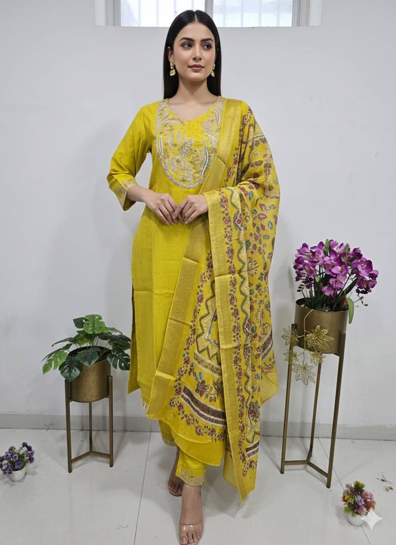 golden yellow cotton silk embroidered salwar suit with floral printed dupatta