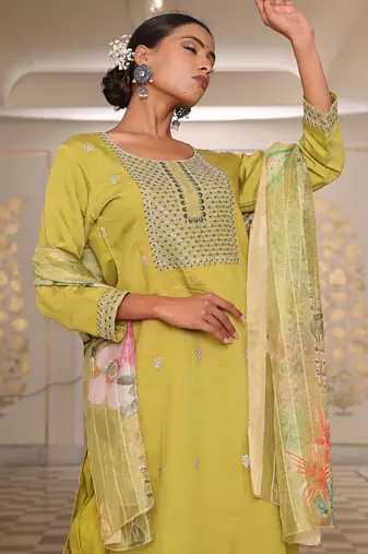 golden yellow cotton silk sequin embroidered salwar suit with decorative dupatta